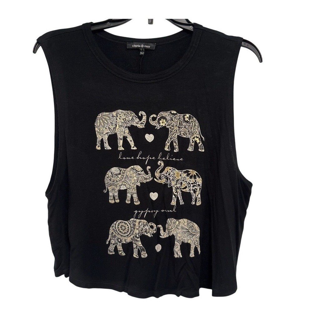 Hippie Chic Elephant Graphic Tank Top Black Womens L Boho Yoga Festival